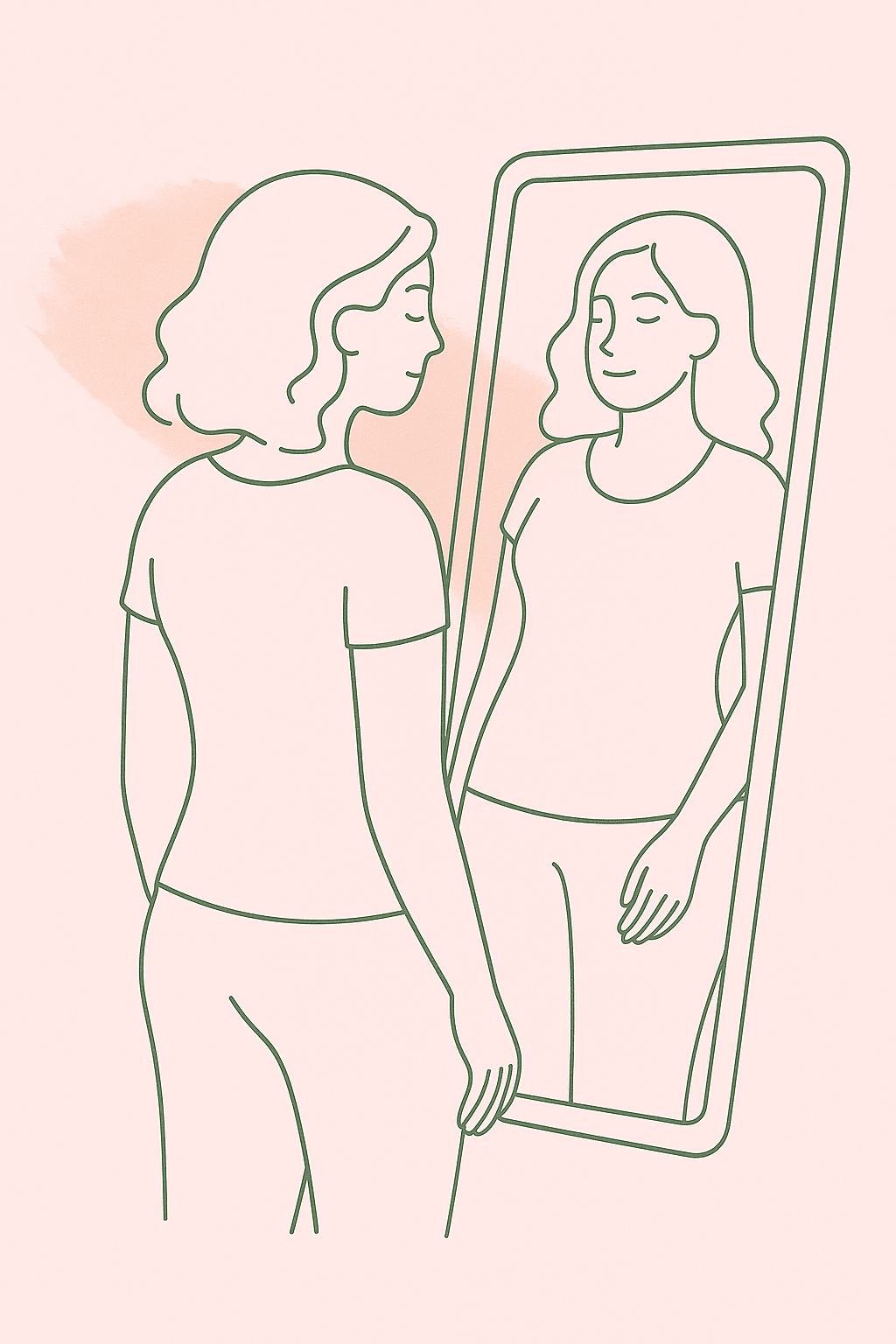 Mujer observando su reflejo con serenidad, símbolo de reconexión con el cuerpo y la calma interior, terapia cuerpo mujeres