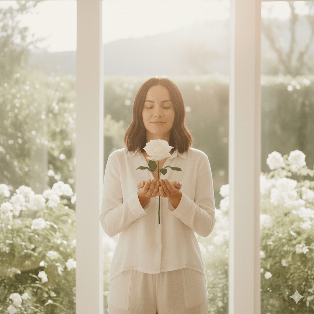 Mujer sosteniendo una flor, símbolo de sanación