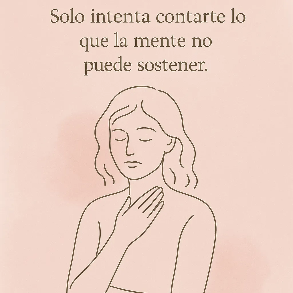 Ilustración pastel de una mujer sentada con la cabeza inclinada, rodeada de formas abstractas que simbolizan pensamientos y tensión interna