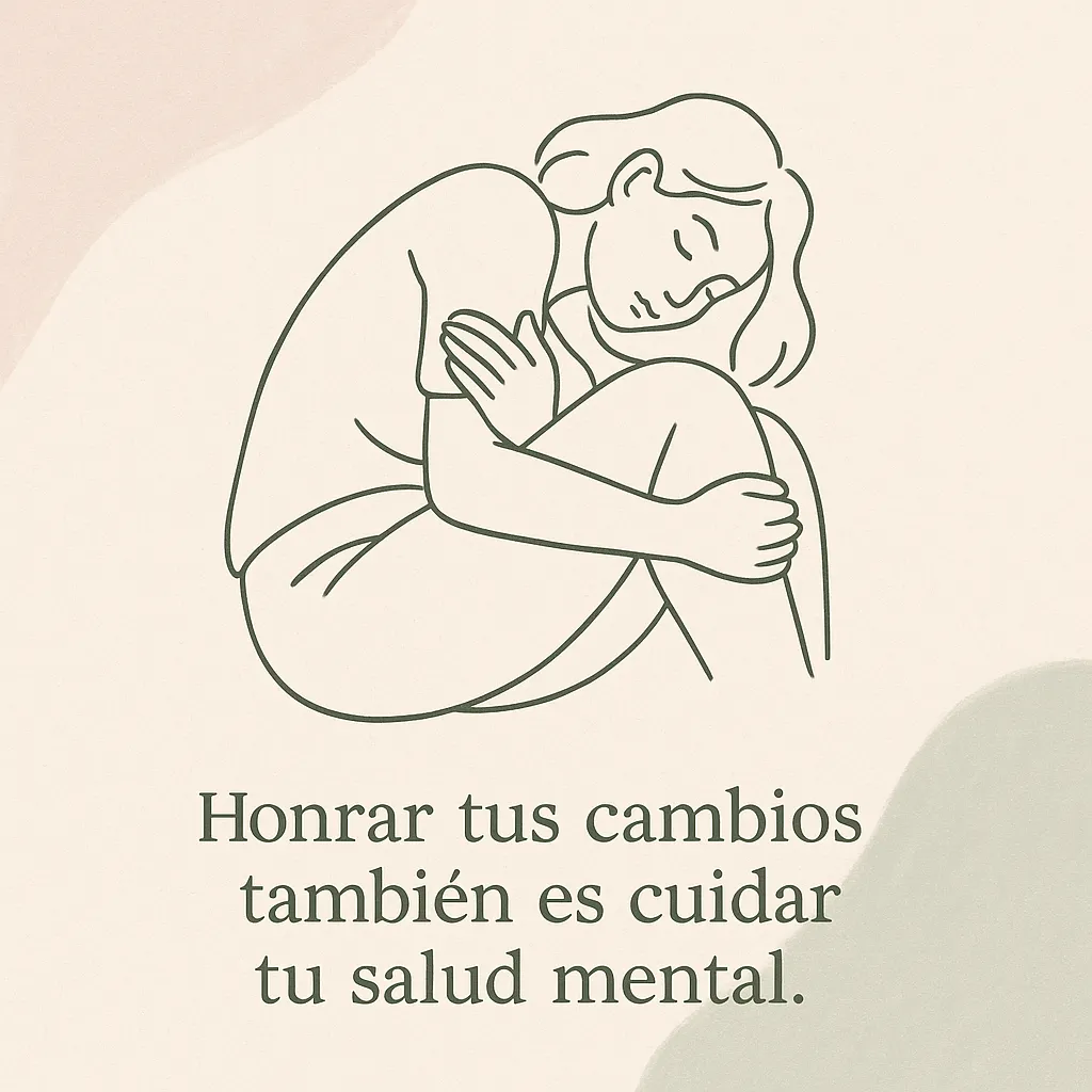 Ilustración line-art de una mujer sosteniéndose el abdomen con gesto de autocuidado y calma