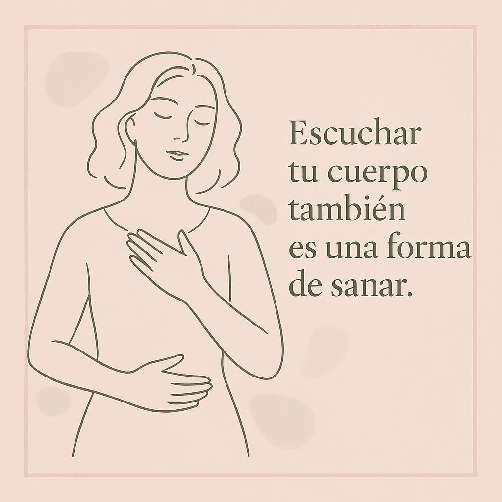Ilustración line-art de una mujer apoyando una mano en el pecho con gesto de alivio y calma