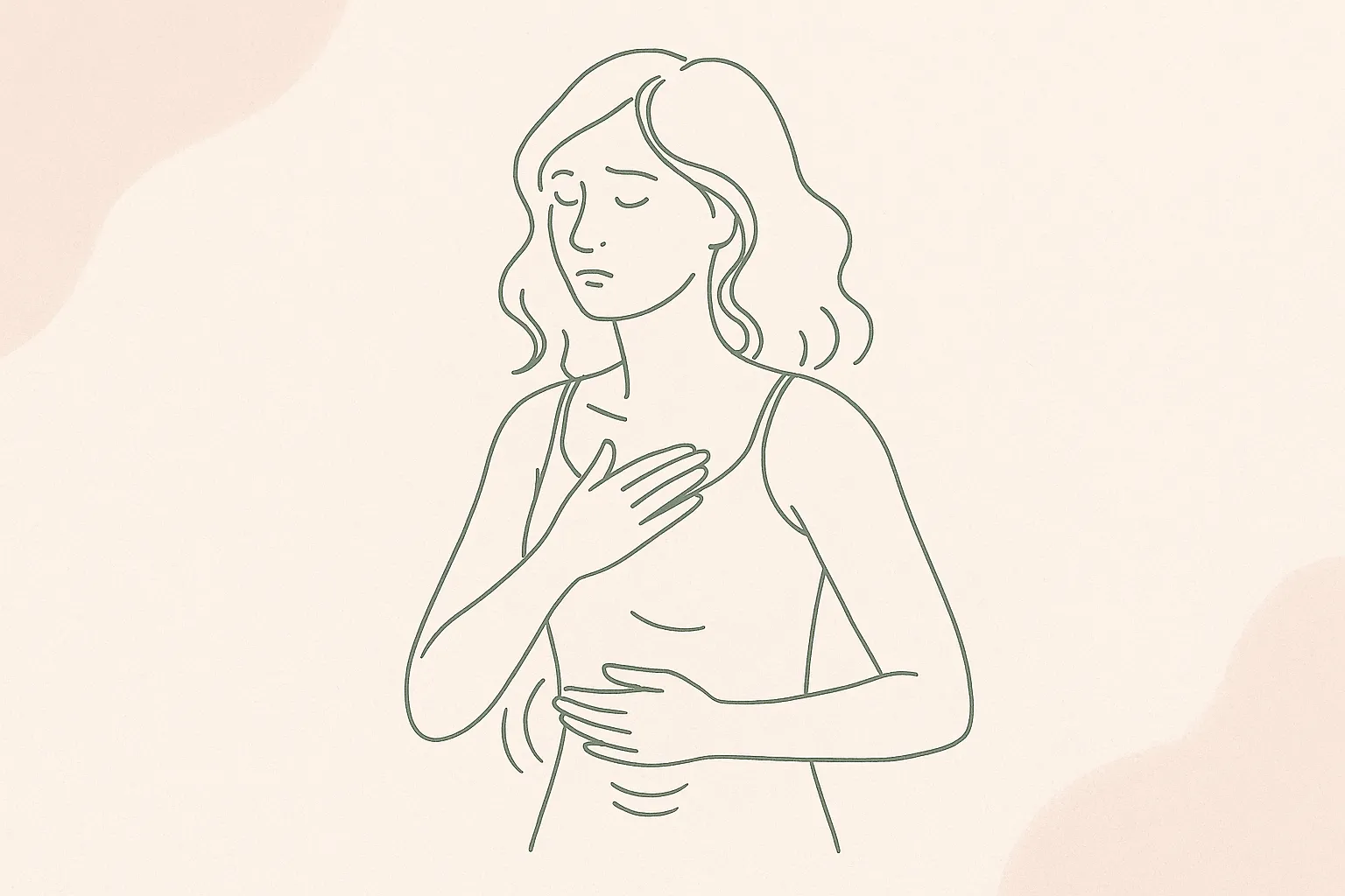 Ilustración line-art de una mujer con la mano en el pecho, mostrando tensión interna