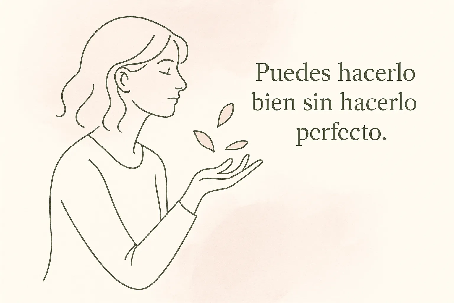 Ilustración line-art de una mujer respirando con alivio tras soltar la exigencia