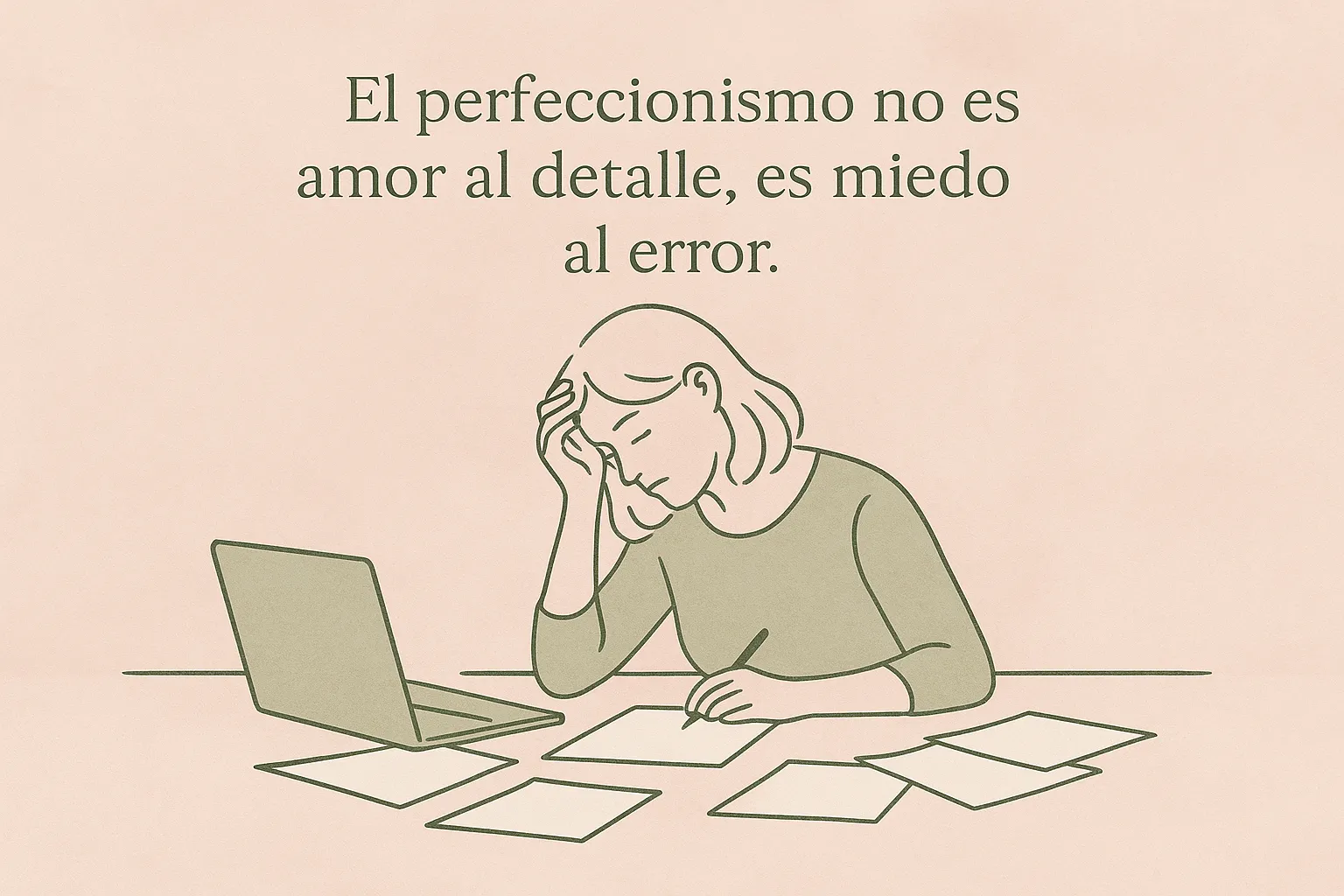 Ilustración de una mujer con pensamientos en espiral representando autoexigencia y ansiedad