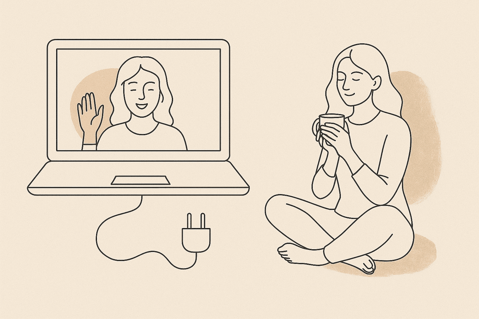 Ilustración line art de una mujer frente al ordenador en una sesión de psicología online para mujeres