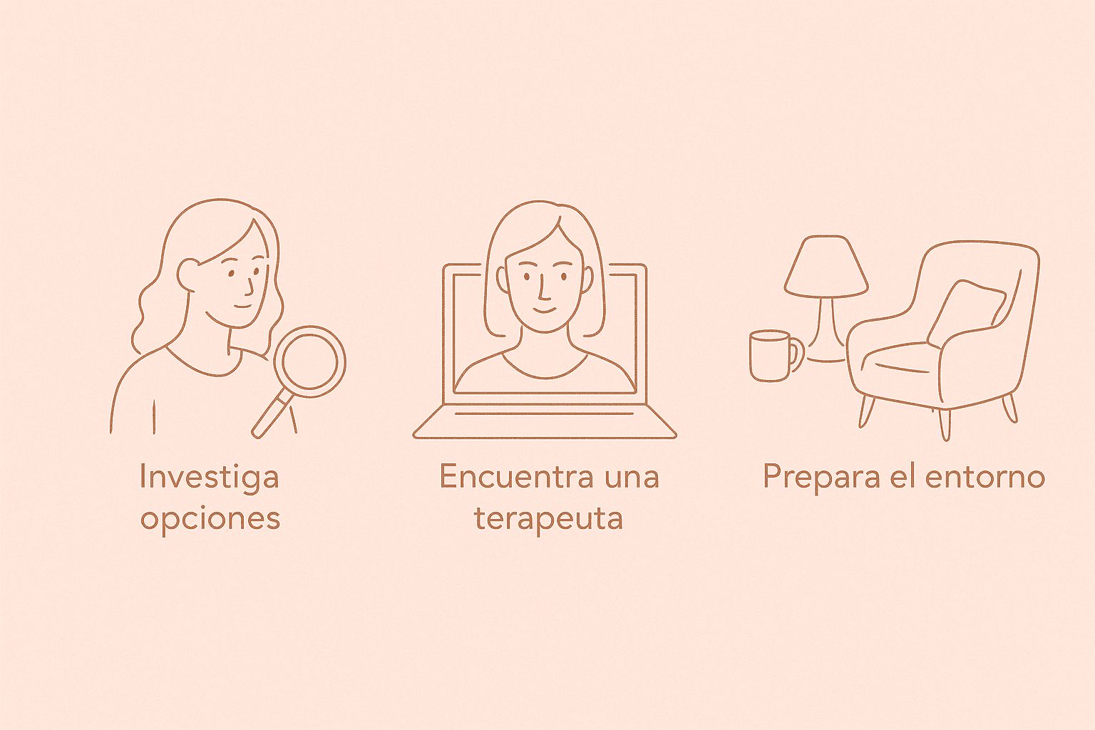 Ilustración line art de dos mujeres conversando con serenidad en un proceso de acompañamiento psicológico online.
