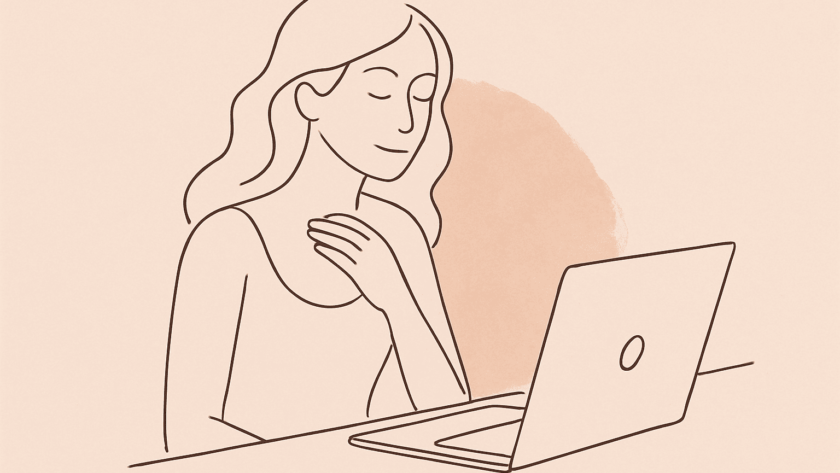 Ilustración line art de mujer serena frente a un portátil, fondo crema con brochazo rosa empolvado.