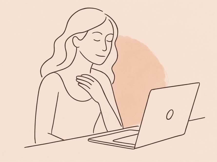 Ilustración line art de mujer serena frente a un portátil, fondo crema con brochazo rosa empolvado.
