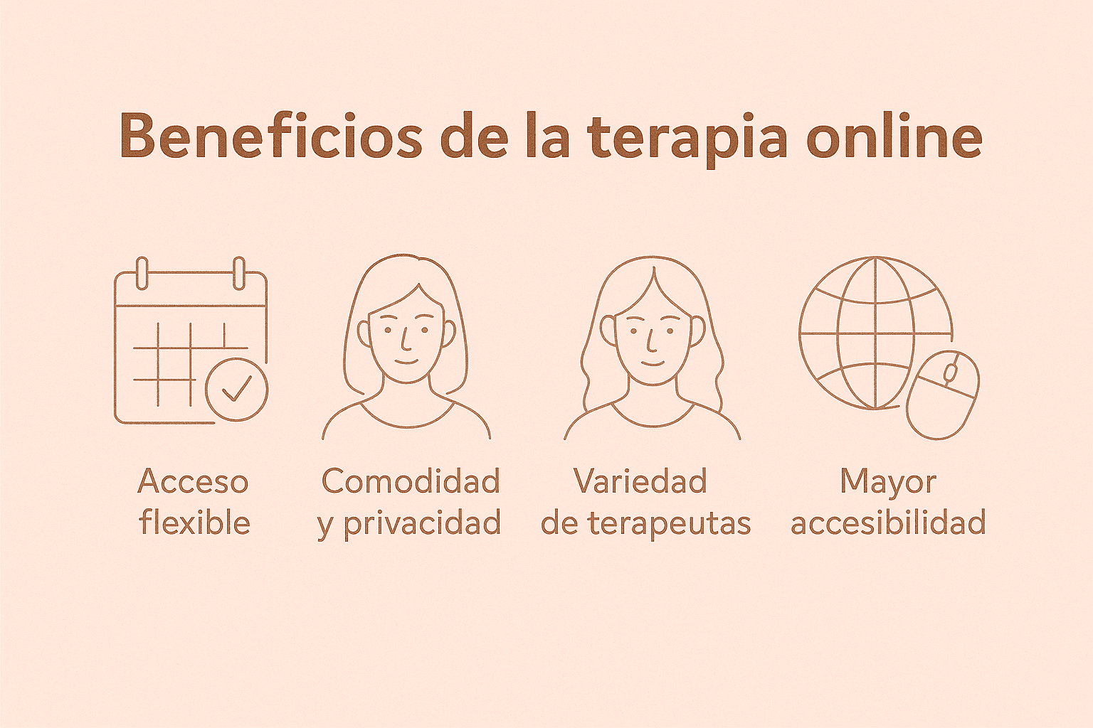 Ilustración line art de una mujer en videollamada en un entorno sereno durante una sesión de terapia online para mujeres.