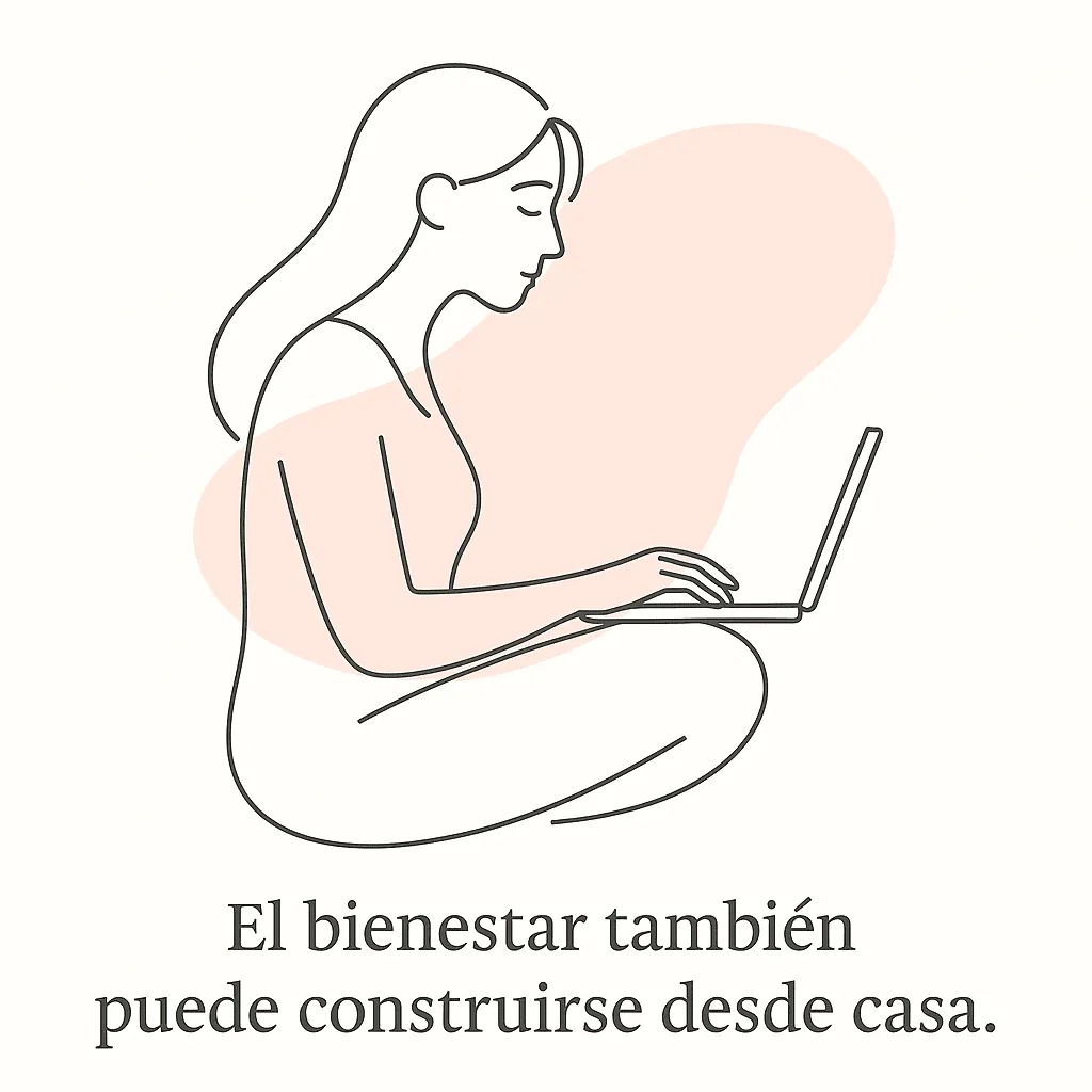 Ilustración line art de mujer en videollamada en un entorno tranquilo durante una sesión de terapia virtual.