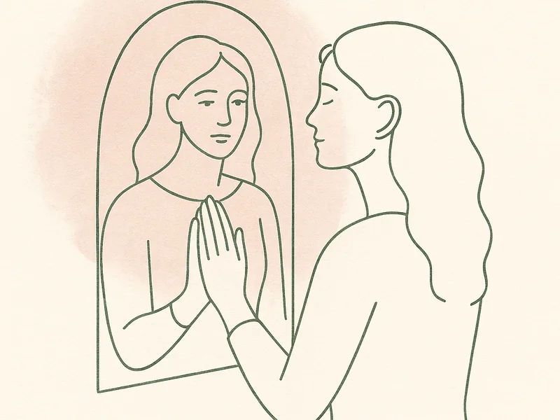 Ilustración line art de una mujer frente a un espejo, gesto de autoconexión, fondo crema con mancha rosa empolvado.
