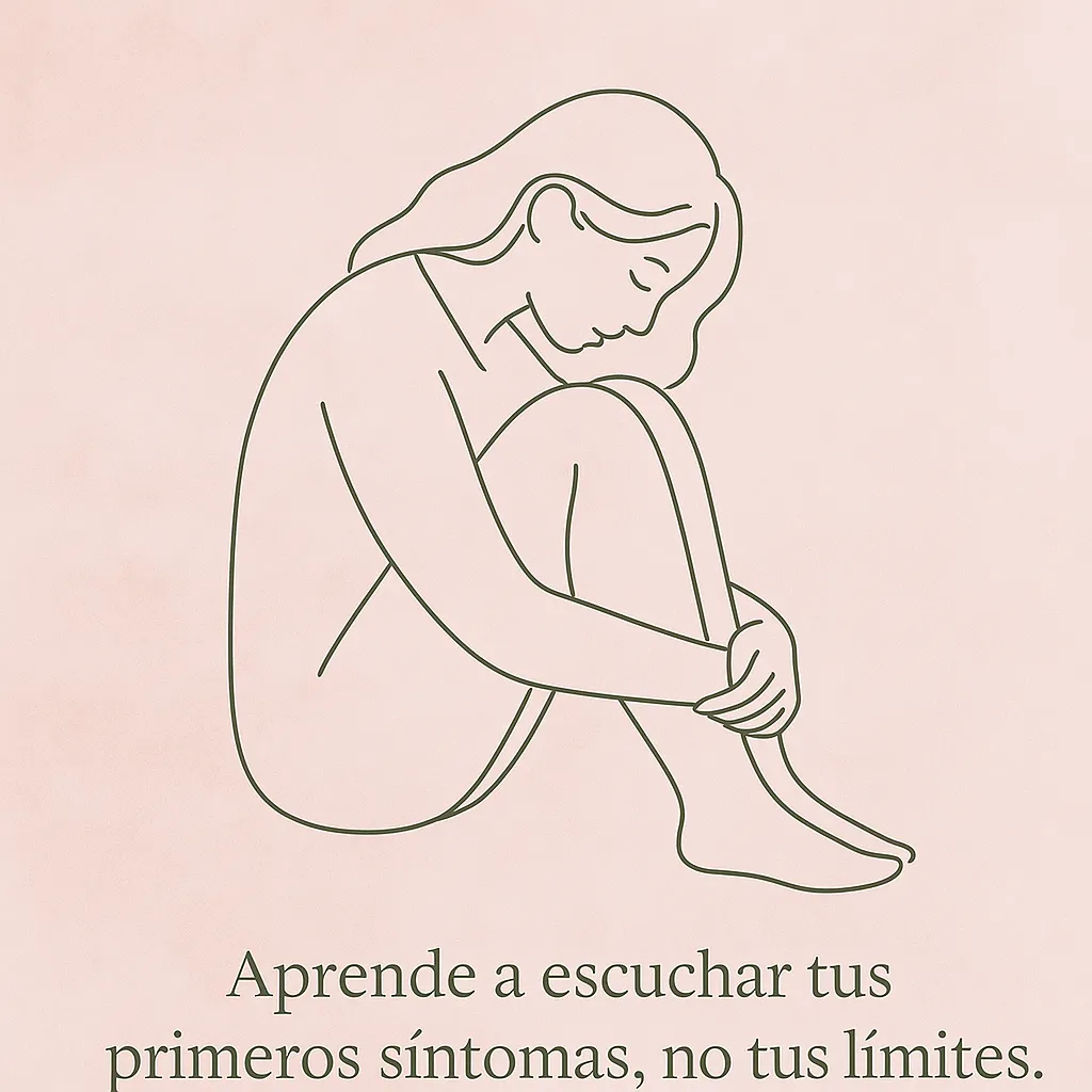 Ilustración line-art de una mujer recostada y respirando con calma tras reconocer signos de ansiedad