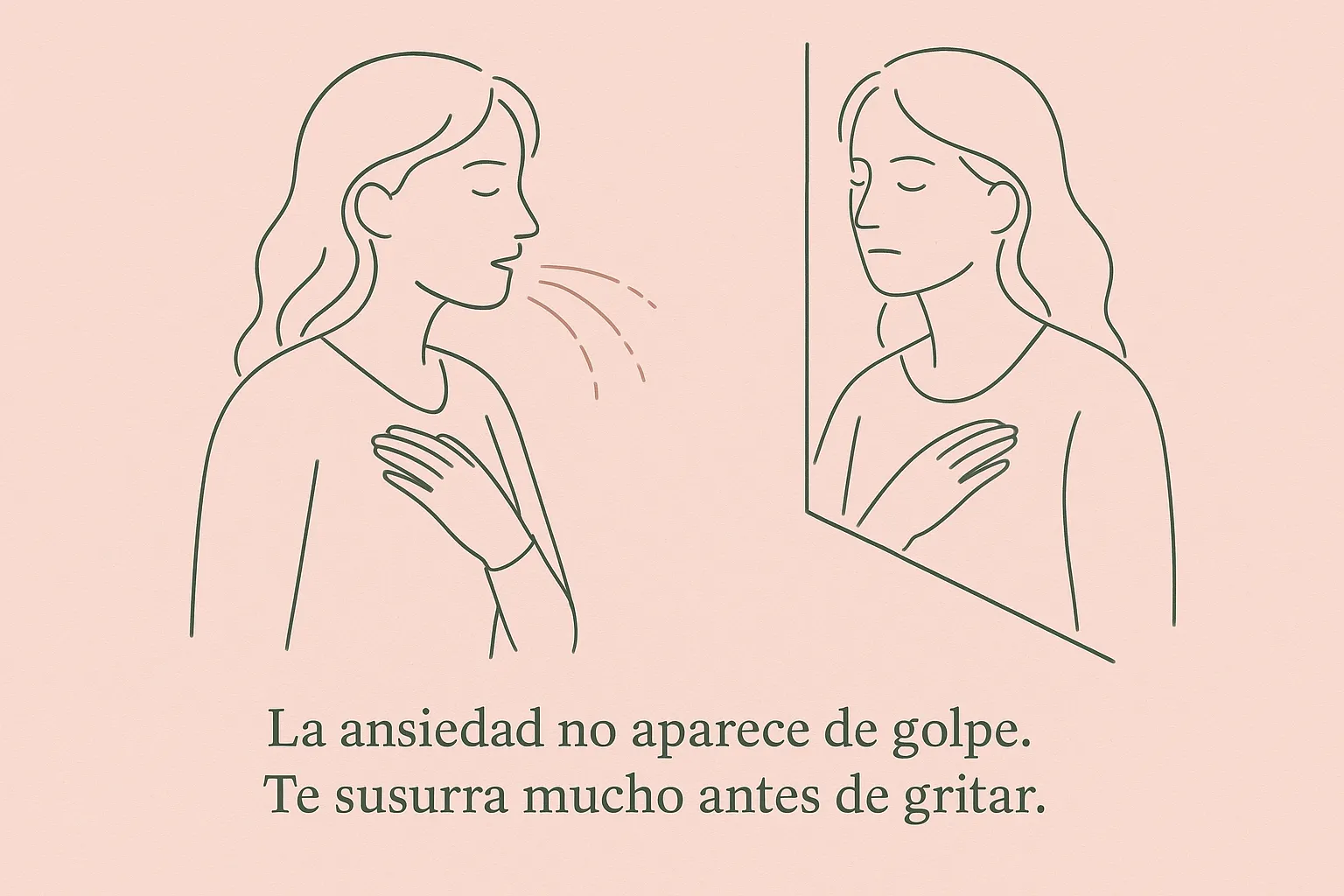 Ilustración de una mujer con expresión tensa y pensamientos a su alrededor que representan signos de ansiedad
