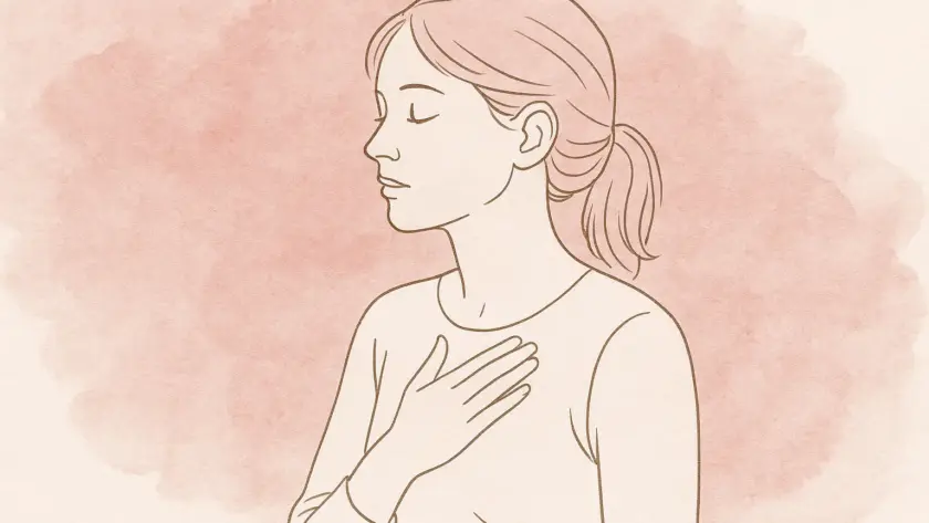 Ilustración line art de mujer respirando con calma sobre fondo rosa empolvado, símbolo de vulnerabilidad y serenidad.