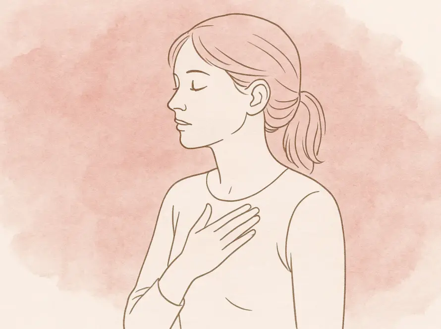 Ilustración line art de mujer respirando con calma sobre fondo rosa empolvado, símbolo de vulnerabilidad y serenidad.