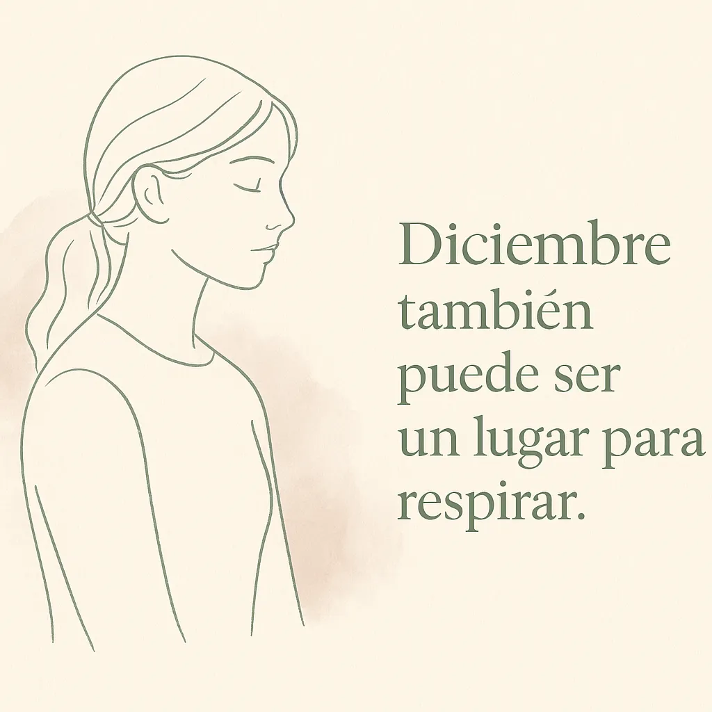 Ilustración emocional de una mujer escuchándose con calma durante la Navidad