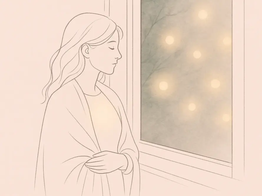 Mujer junto a luz invernal cálida; refugio interior