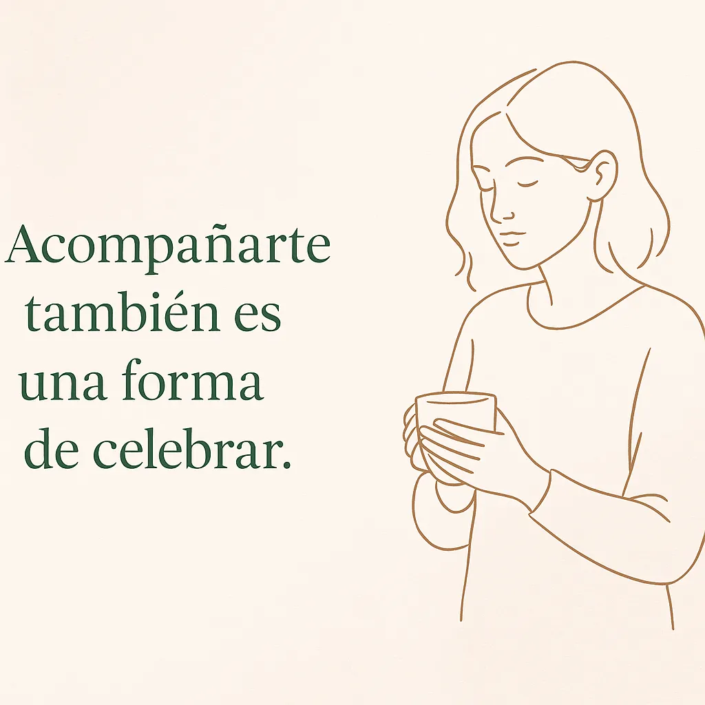 Ilustración line-art de una mujer sosteniendo una luz suave mientras se acompaña emocionalmente en las fiestas
