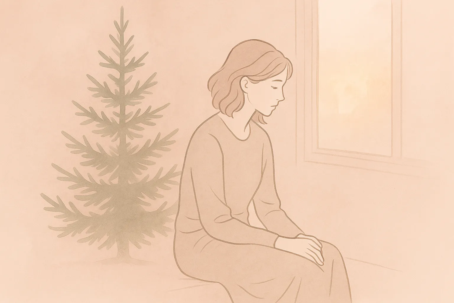 Ilustración line-art de una mujer en un ambiente invernal, sosteniéndose con suavidad