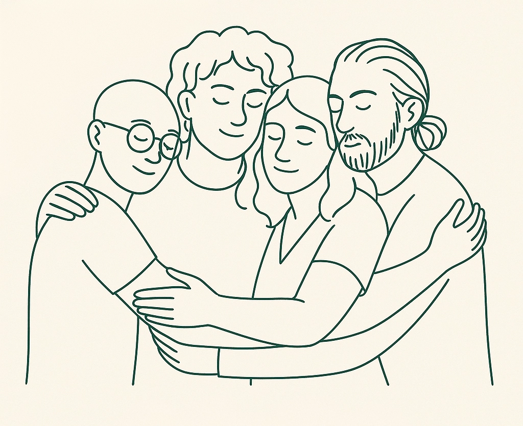 Ilustración line-art de personas del colectivo LGTBIQ+ abrazándose con calma y conexión