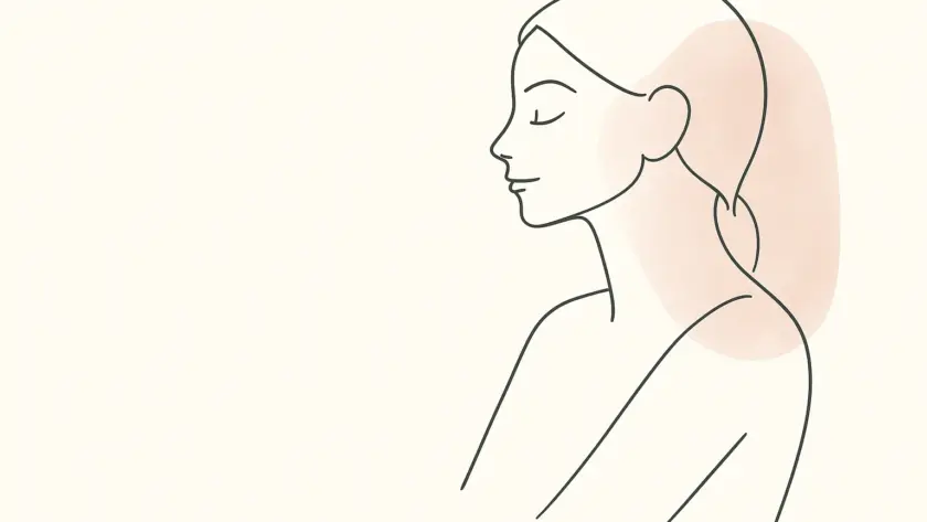 Mujer de perfil con gesto tranquilo, fondo claro con manchas rosa suave; estilo line art minimalista.