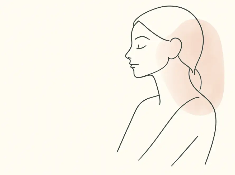 Mujer de perfil con gesto tranquilo, fondo claro con manchas rosa suave; estilo line art minimalista.