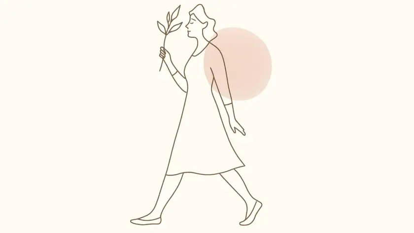 Ilustración line art de una mujer caminando con serenidad, fondo crema y pincelada suave. Título: sc-post04-hero-beneficios-terapia-virtual