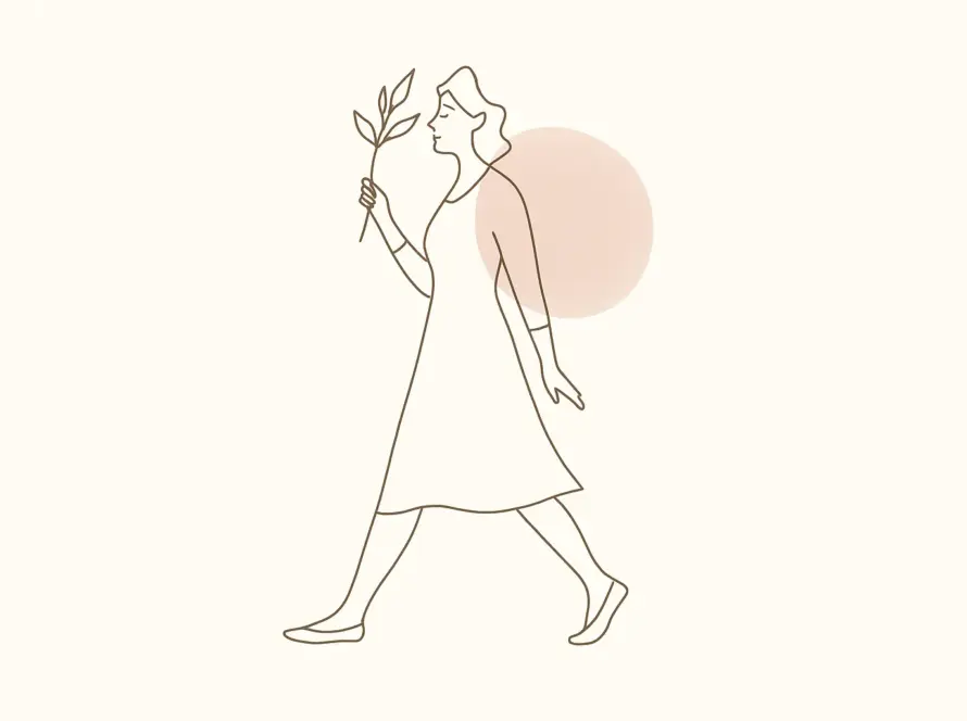 Ilustración line art de una mujer caminando con serenidad, fondo crema y pincelada suave. Título: sc-post04-hero-beneficios-terapia-virtual