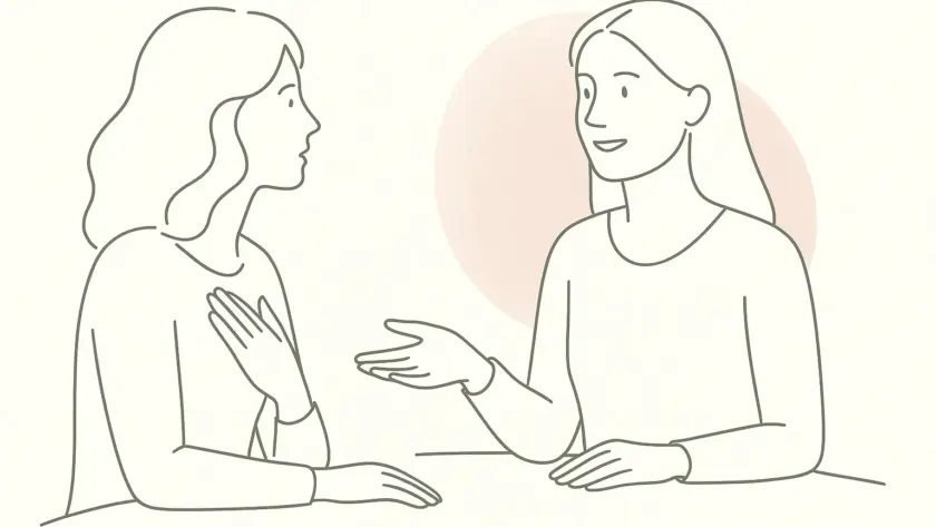 Ilustración line art de una mujer conectándose en calma a terapia online, fondo pastel y trazos suaves.
