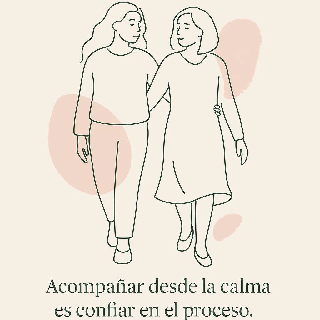 Ilustración line art de dos mujeres caminando juntas en calma.