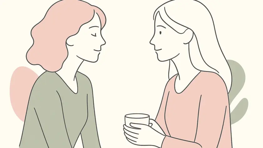 Ilustración line art de dos mujeres dialogando en calma. Fondo crema con tonos rosa empolvado y verde salvia.