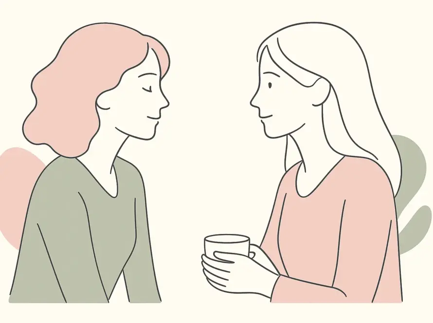 Ilustración line art de dos mujeres dialogando en calma. Fondo crema con tonos rosa empolvado y verde salvia.