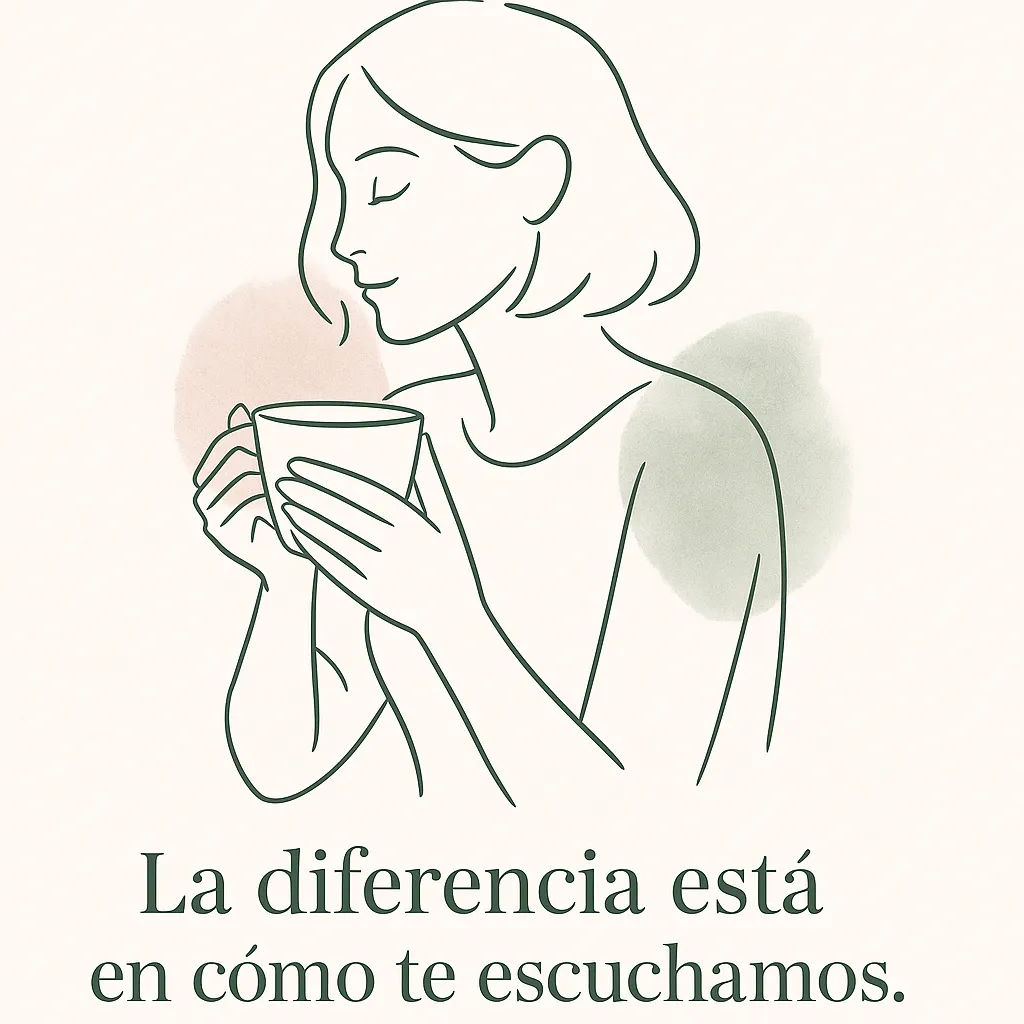 Ilustración line art de una mujer con una taza entre las manos, gesto de introspección y serenidad.