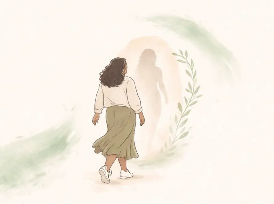 Ilustración en estilo line art de una mujer caminando hacia su propia silueta interior, simbolizando volver a ti después de una relación.