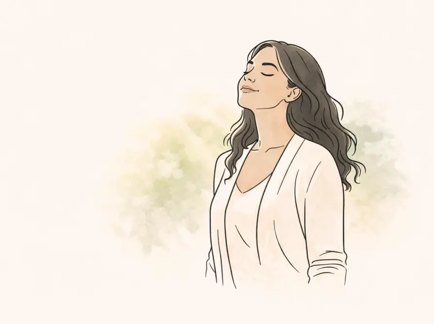 Ilustración minimalista de mujer latina con cabello oscuro recibiendo la luz del sol con expresión serena sobre fondo cálido verde y amarillo.