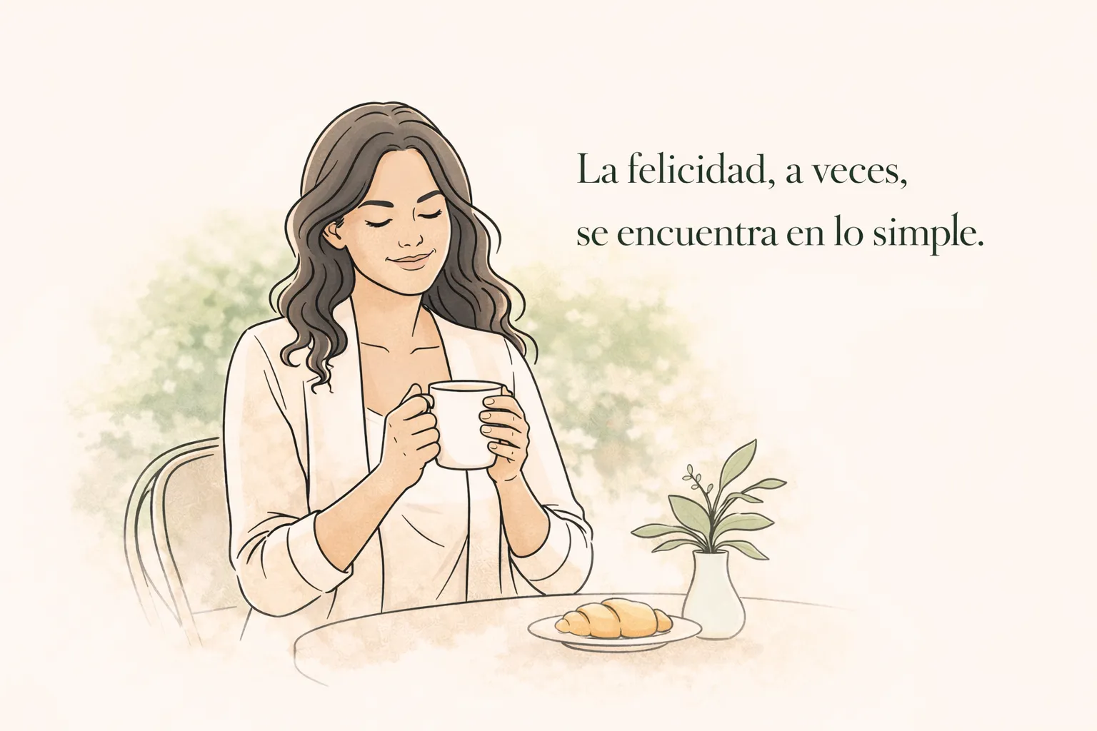 Ilustración de mujer disfrutando un momento sencillo en cafetería el 20 de marzo Día de la Felicidad