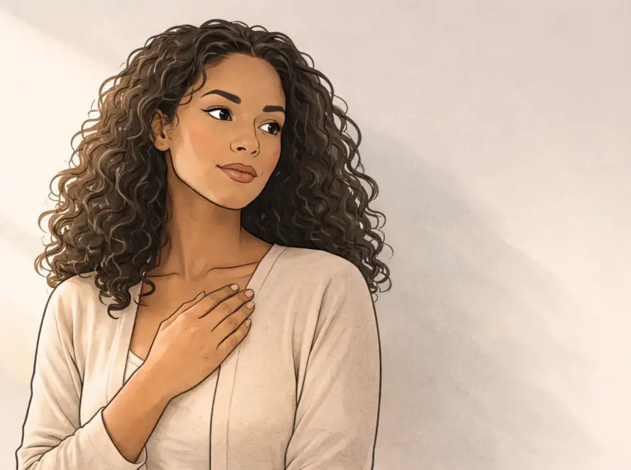 Ilustración de mujer afrodescendiente con cabello rizado natural y expresión reflexiva sobre fondo neutro con contraste suave de luz y sombra.
