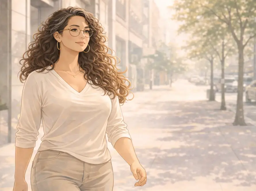 Mujer latina caminando tras transformación personal