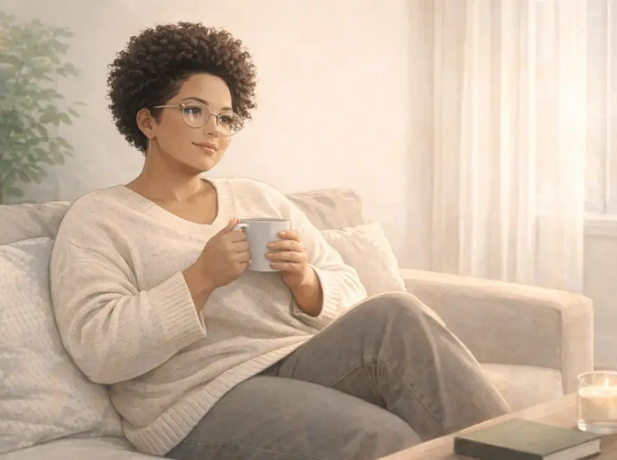 Mujer afrodescendiente descansando con taza en interior cálido