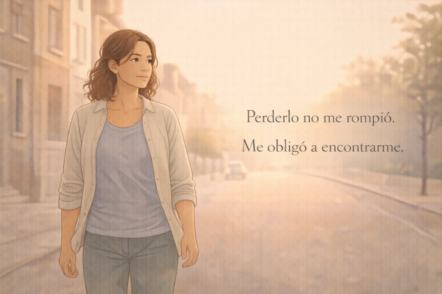 Ilustración de Rita caminando con serenidad tras integrar su duelo emocional invisible
