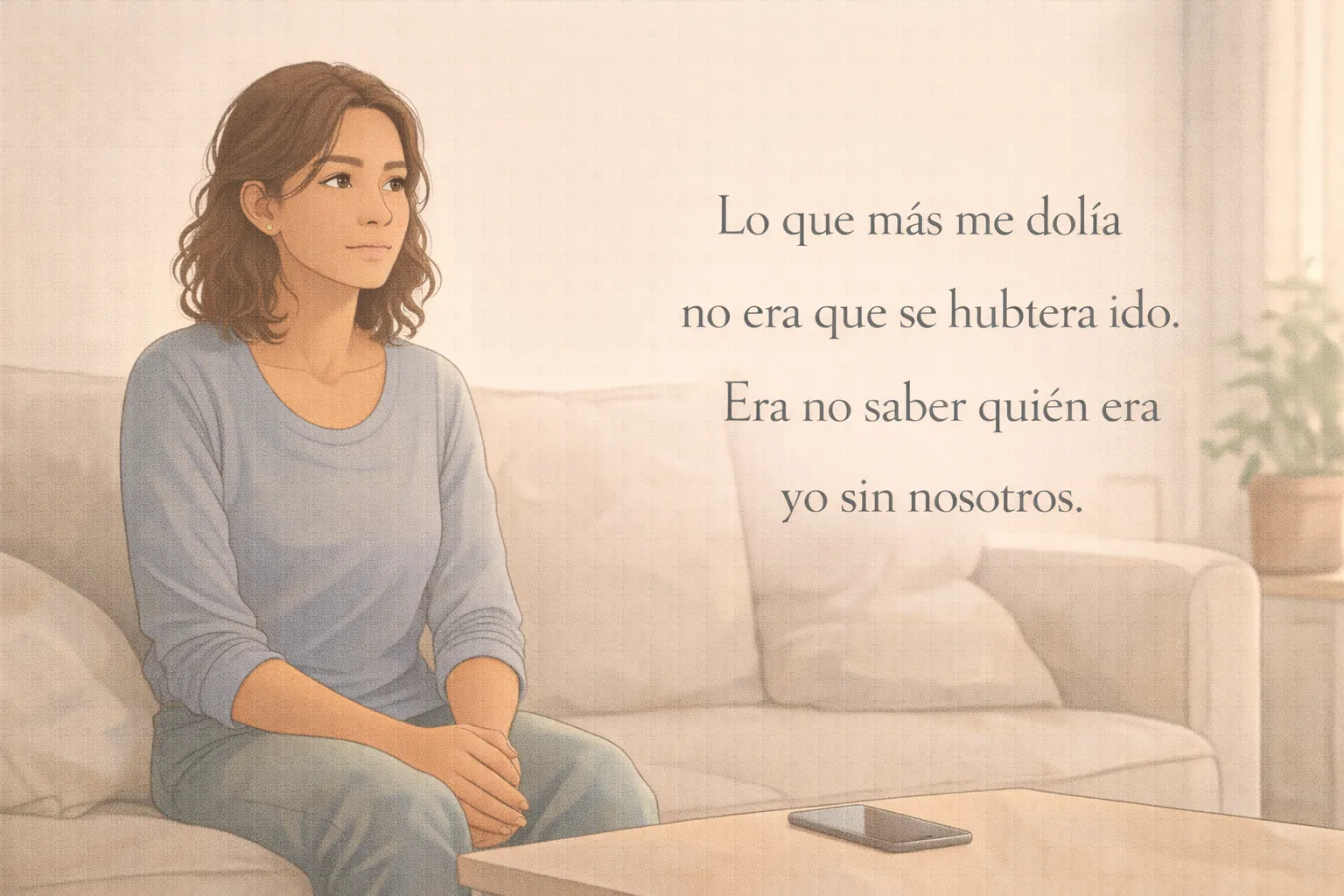 Ilustración de Rita en un momento íntimo de reflexión durante un duelo emocional invisible