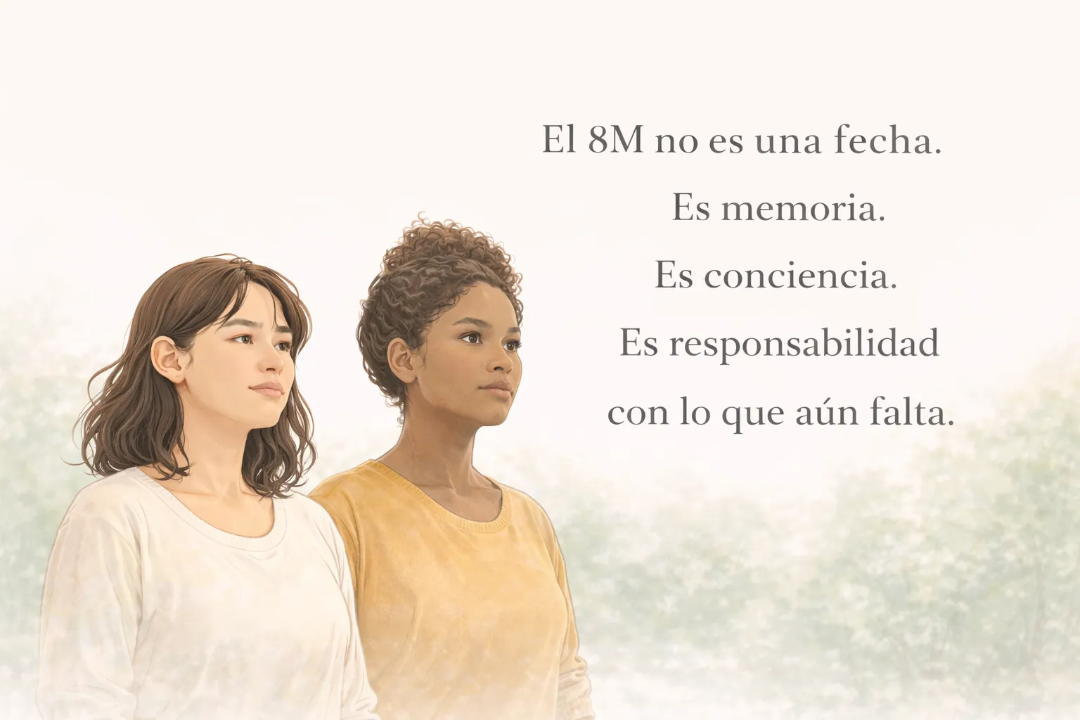 Mujeres diversas mirando al frente simbolizando memoria y elección consciente en el 8M