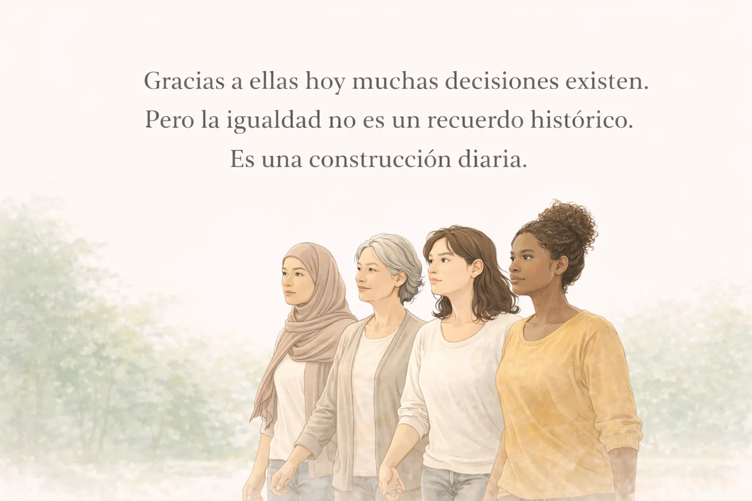 Mujeres diversas caminando juntas simbolizando memoria, conciencia y corresponsabilidad en el 8M