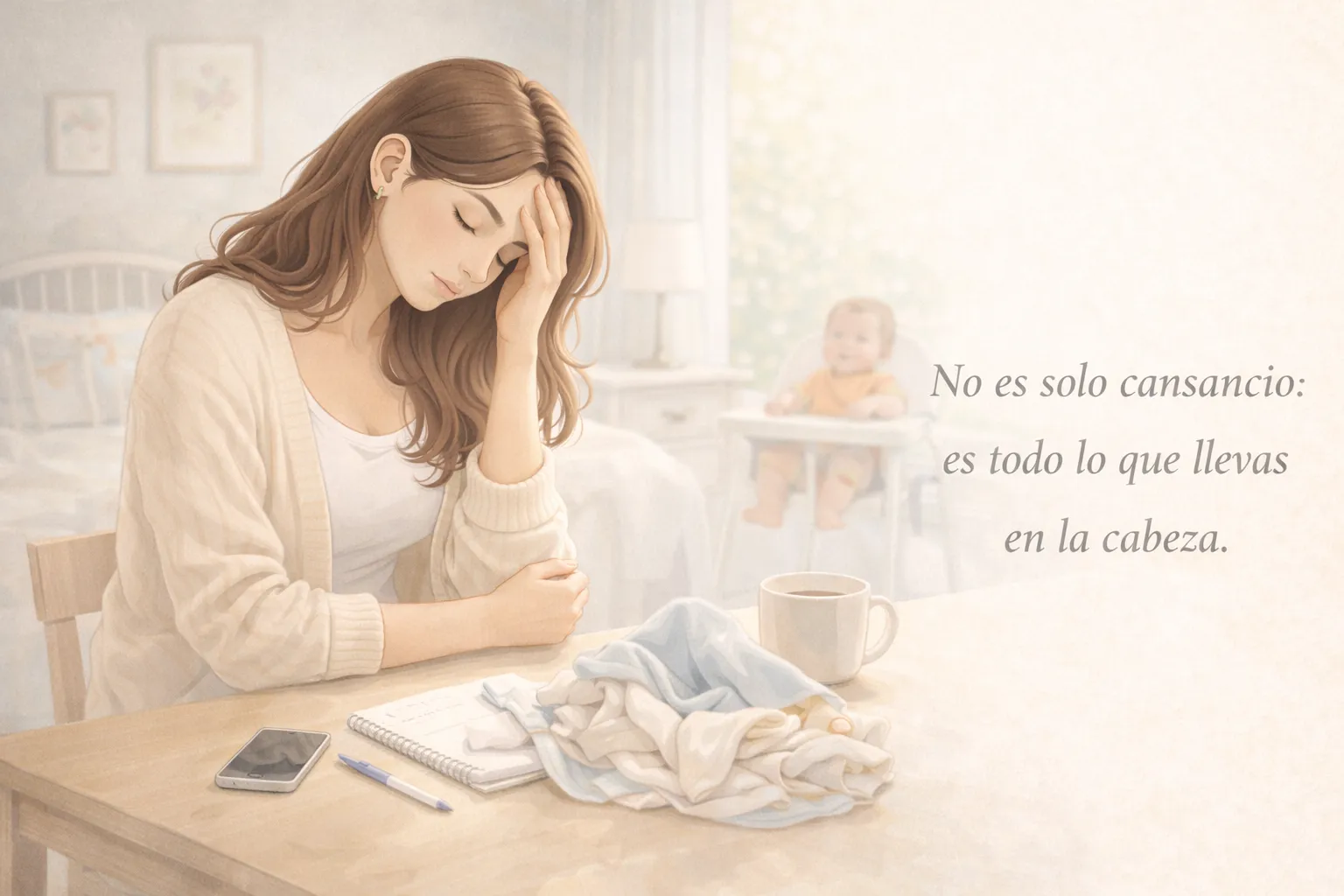 madre reflexionando sobre el reparto de tareas y la carga mental en la maternidad