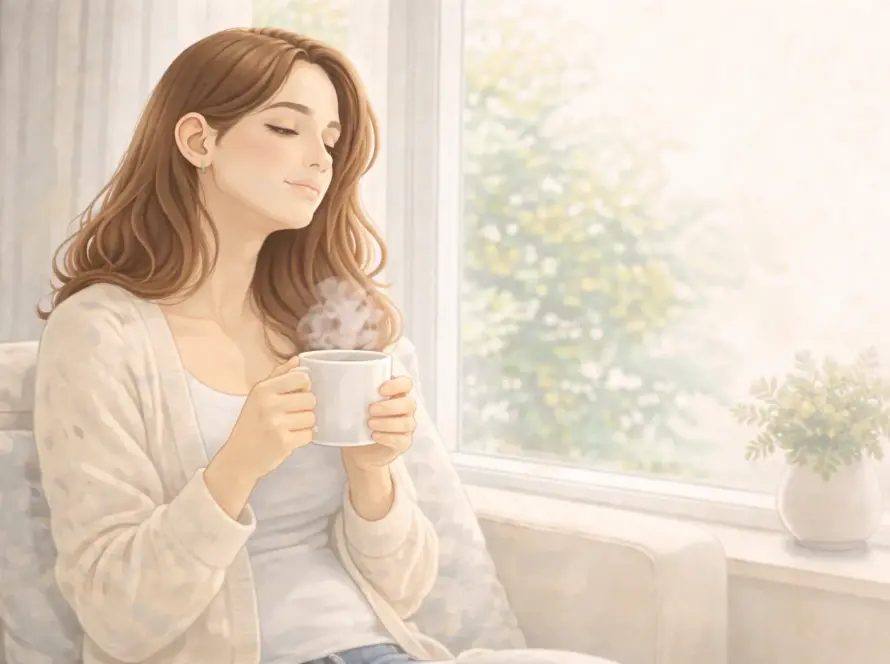 Madre sintiendose ella misma tomando un cafe