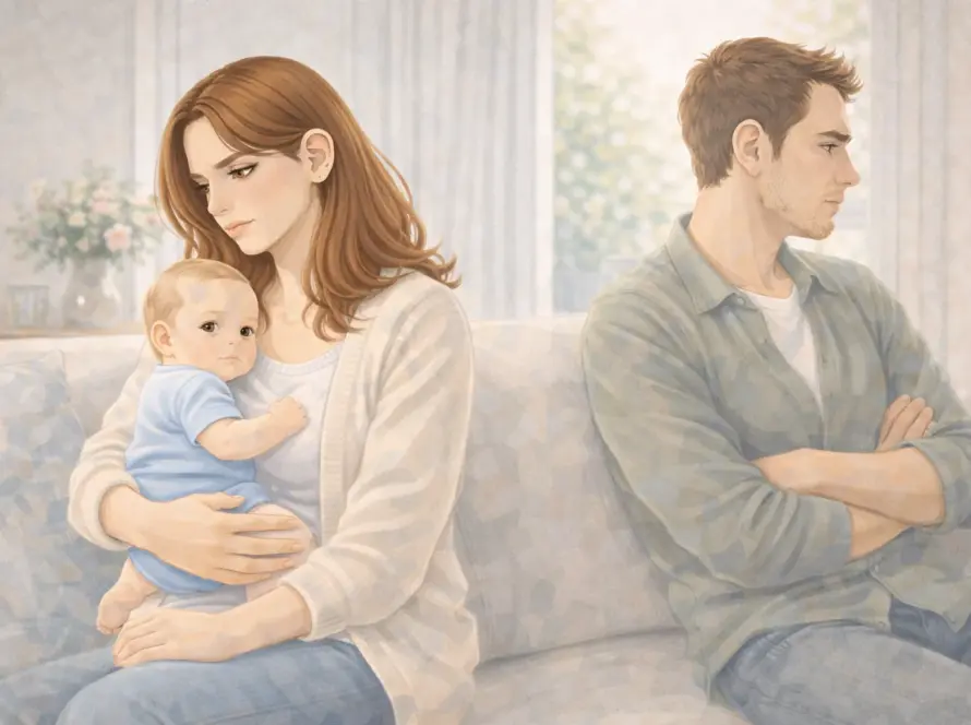 Madre y padre enfadados porque no encuentran momentos para ellos como antes y el bebe necesita atencion plena