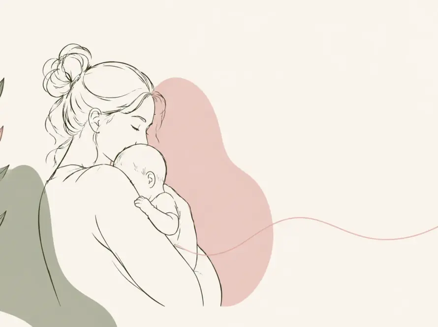 Ilustración line art de una madre sosteniendo a su bebé durante la transición a la maternidad