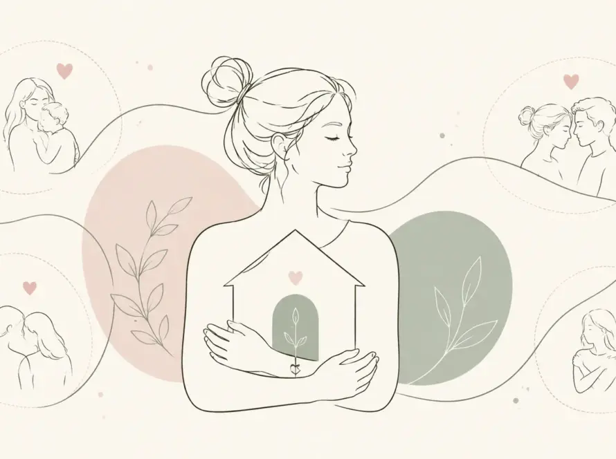 Ilustración line art de una mujer construyendo un refugio interno y vínculos seguros