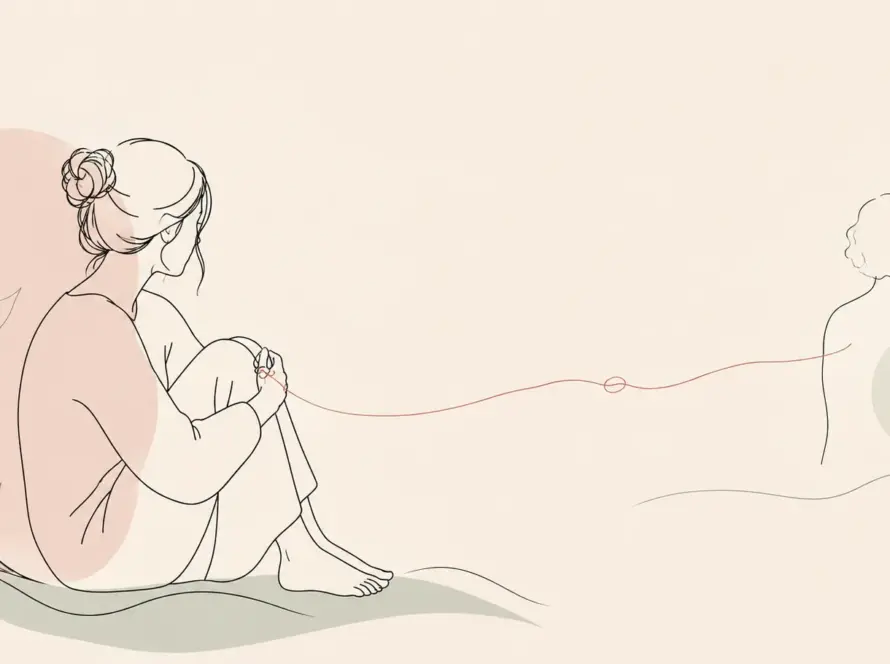 Ilustración line art de una mujer observando un hilo relacional que se tensa y se aleja