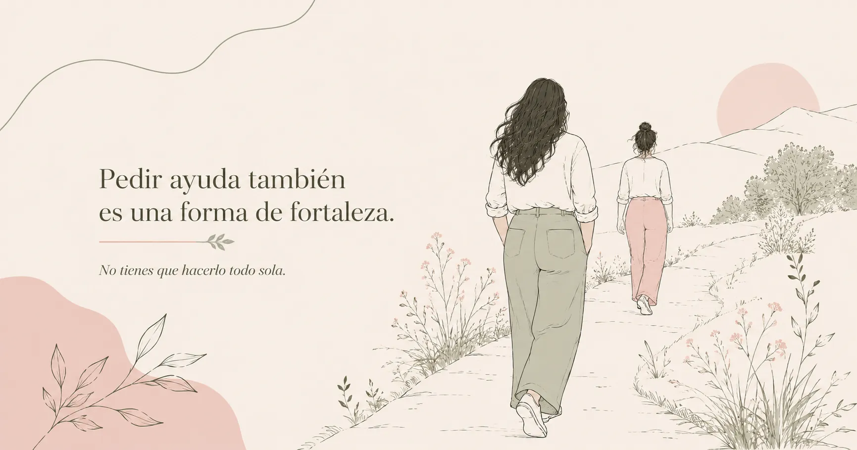 Dos mujeres en line art caminando en la misma dirección como símbolo de apoyo emocional y conexión segura